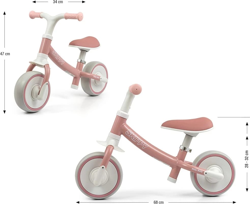 biçikletë balancuese, Milly Mally, Skippy, rrota EVA pa shpim, sedilje e rregullueshme, 18+ muaj, rozë