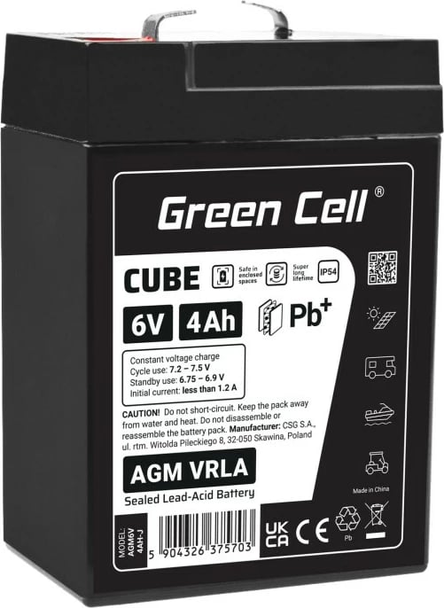 Bateri AGM VRLA, Green Cell, AGM6V4AH-J, 6V 4Ah, IP54, 101x70x47 mm, e zezë
