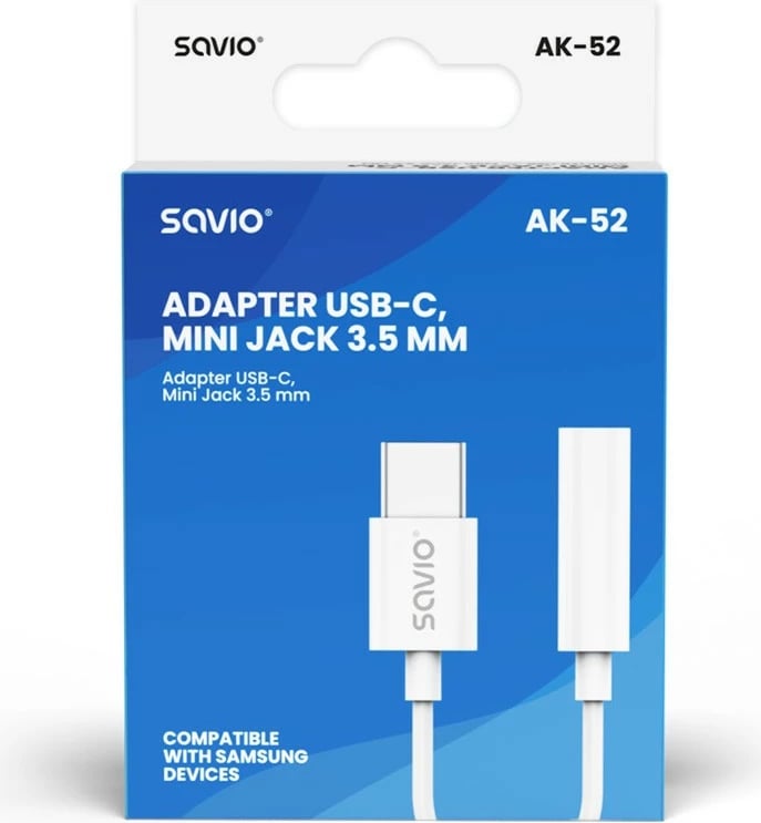 Adapter USB-C në Mini Jack 3.5 mm Savio AK-52, i bardhë