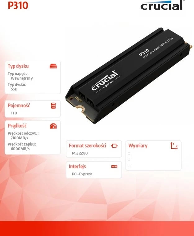 SSD Crucial P310, 1TB, M.2 NVMe PCIe 4.0 2280 me radiator