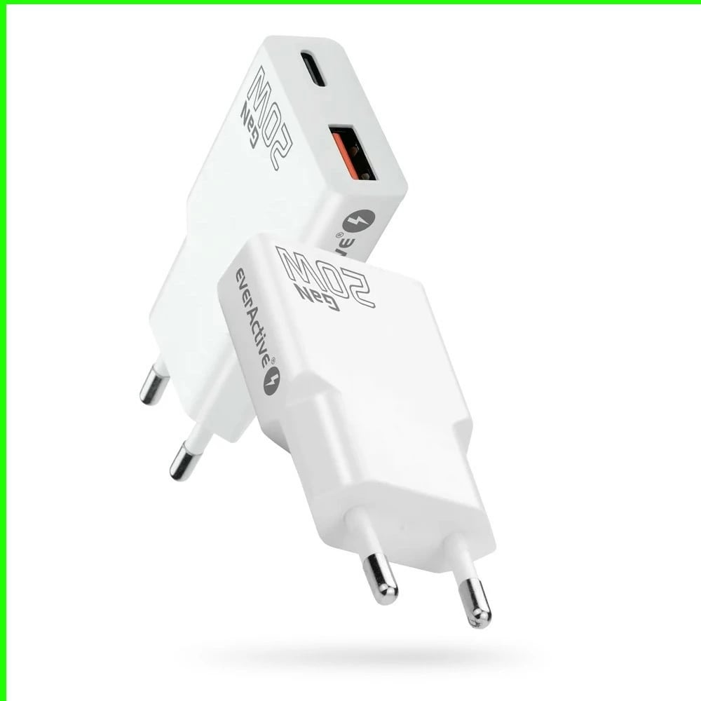 Karikues muri, everActive, SC-340Q, GaN super slim, USB QC 3.0 + USB-C PD 20W, 1x USB + 1x USB-C, i bardhë