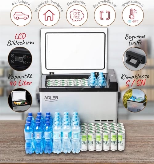 Frigorifer portativ me kompresor, Adler, AD 8081, 40L, ekran LCD, diapazon -20°C deri +20°C, gri/zi