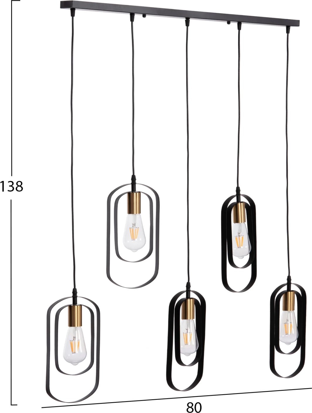Llambë tavani varëse me 5 drita, metal i zi, priza të arta, BIUT FH7545.11, 80x6x138cm