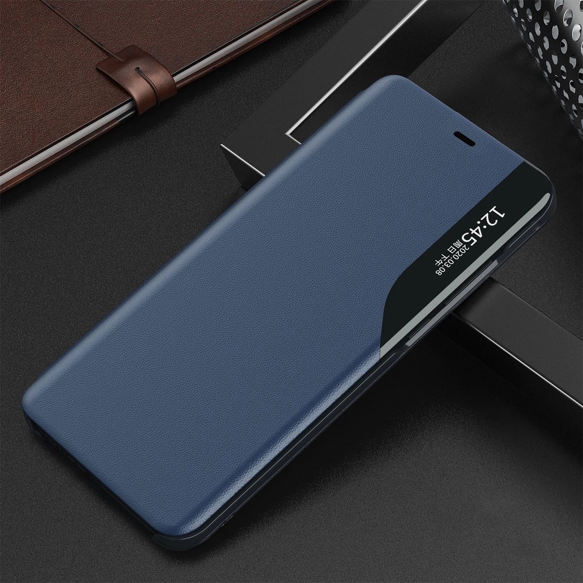 Mbështjellës Hurtel Eco Leather View Case për iPhone 13 mini, me kapak dhe qëndrim, Kaltër