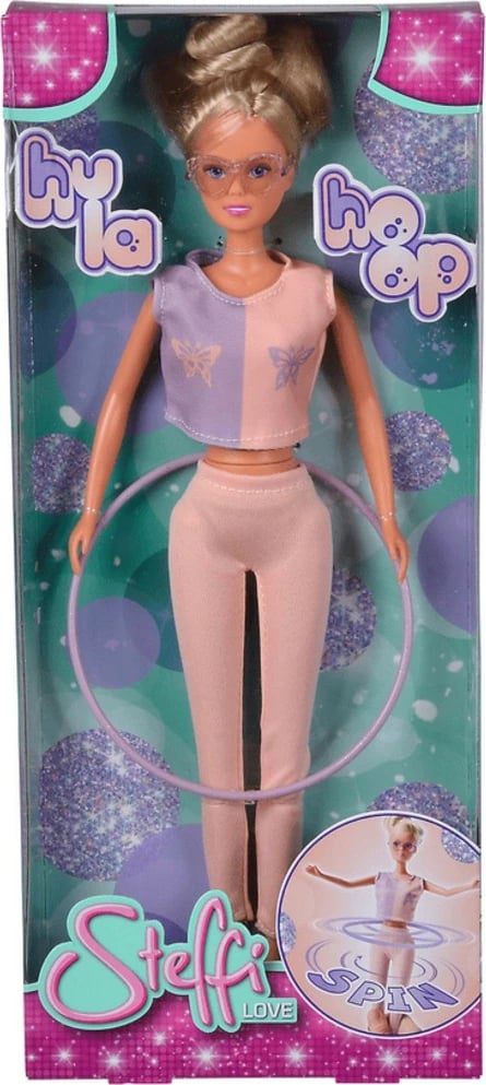 Kukull Steffi Love Simba 105733619 me hula hoop, veshje sportive, syze dhe atlete të bardha