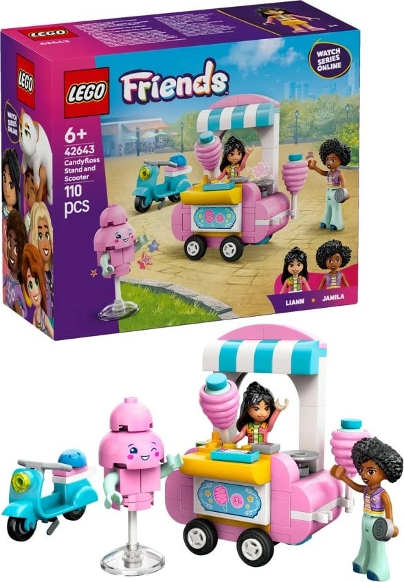 Set ndërtimi LEGO Friends 42643 Cotton Candy Stand me skuter, 110 pjesë, për fëmijë, rozë/blu