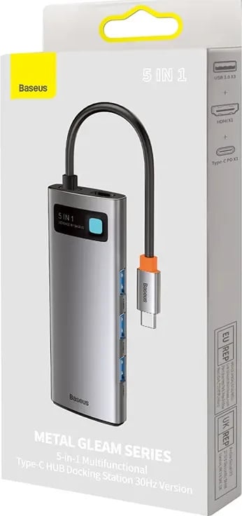 Adapter Baseus 5-në-1, WKWG020013, USB-C në 3x USB 3.0 + HDMI + USB-C PD, Gri