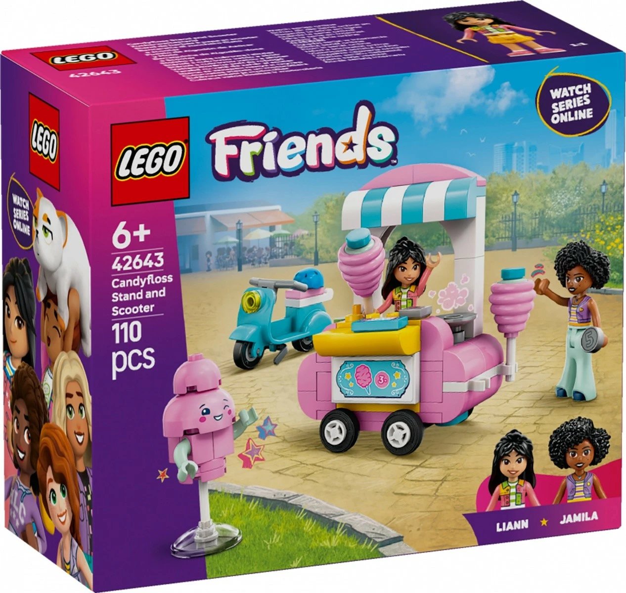 Set ndërtimi LEGO Friends 42643 Cotton Candy Stand me skuter, 110 pjesë, për fëmijë, rozë/blu