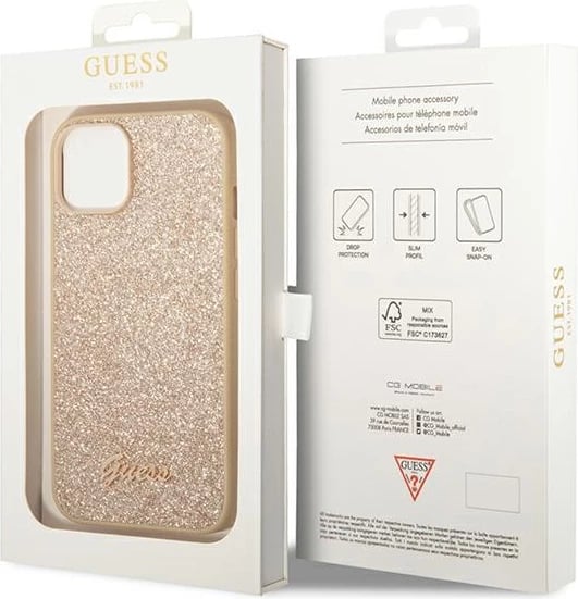 Mbështjellës Guess GUHCP14SHGGSHD për iPhone 14 6.1", hardcase, Glitter Script, ari