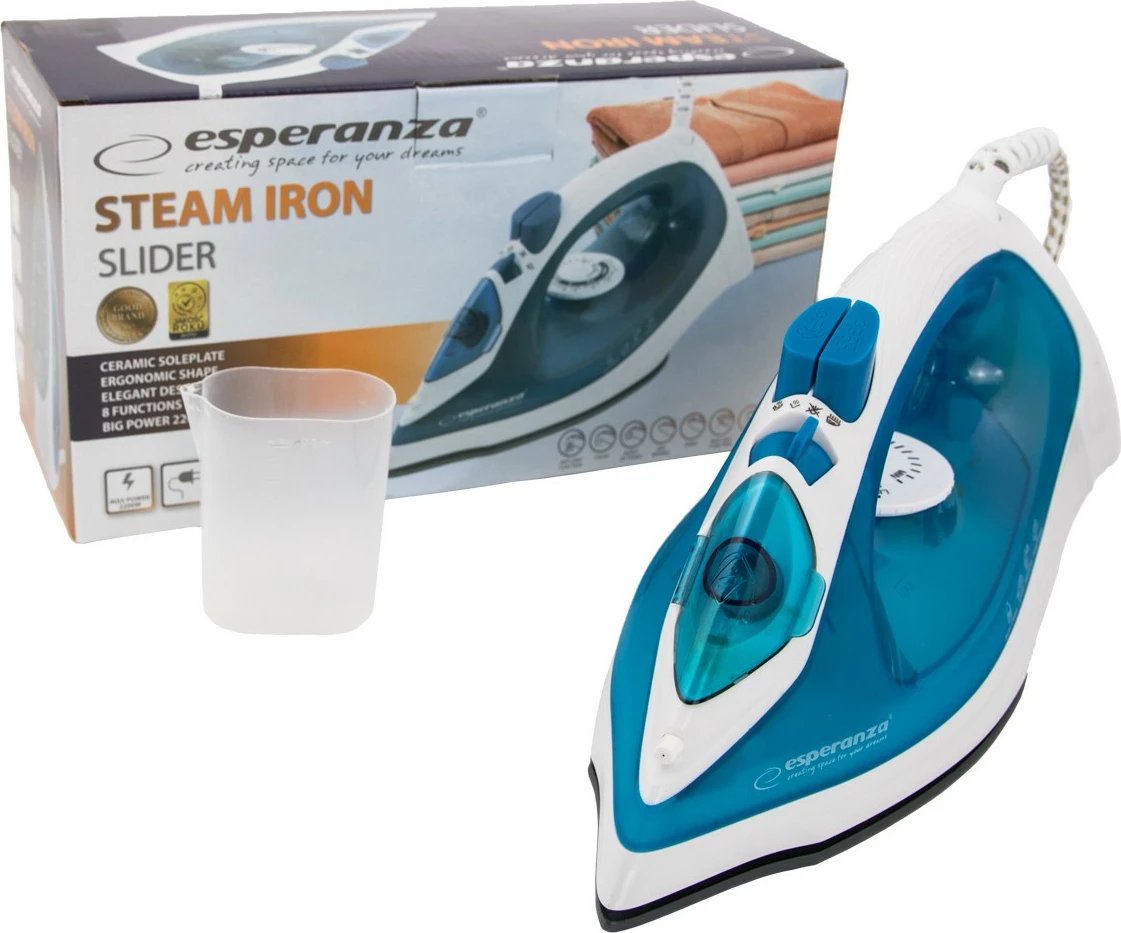 Hekur me avull Esperanza SLIDER EHI002, 2200W, pllakë qeramike, kaltër/bardhë Hekur me avull Esperanza SLIDER EHI002, 2200W, pllakë qeramike, kaltër/bardhë