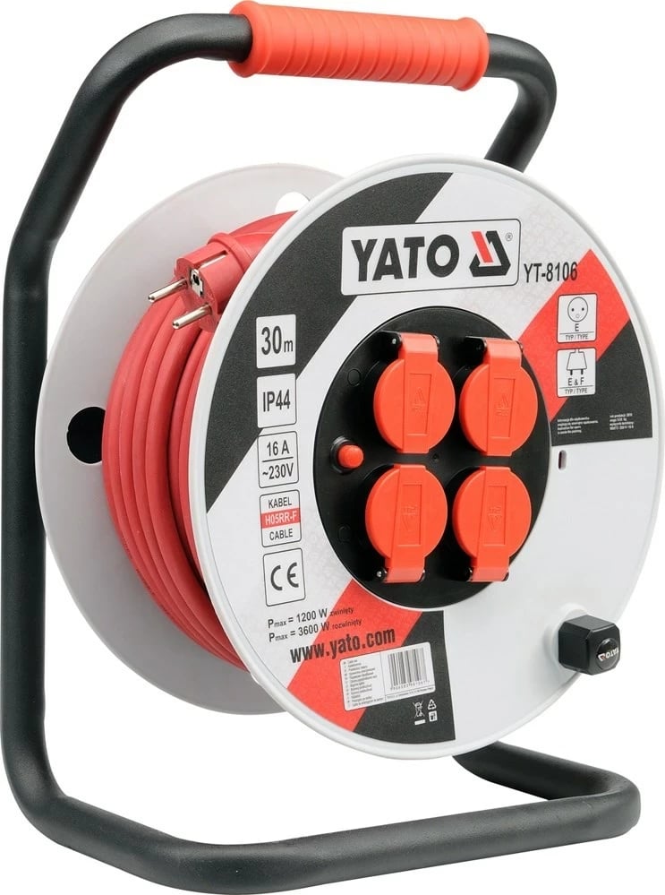 Zgjatues elektrik me tambur YATO YT-8106, 30 m, 4 dalje, IP44, zi/kuq/bardhë