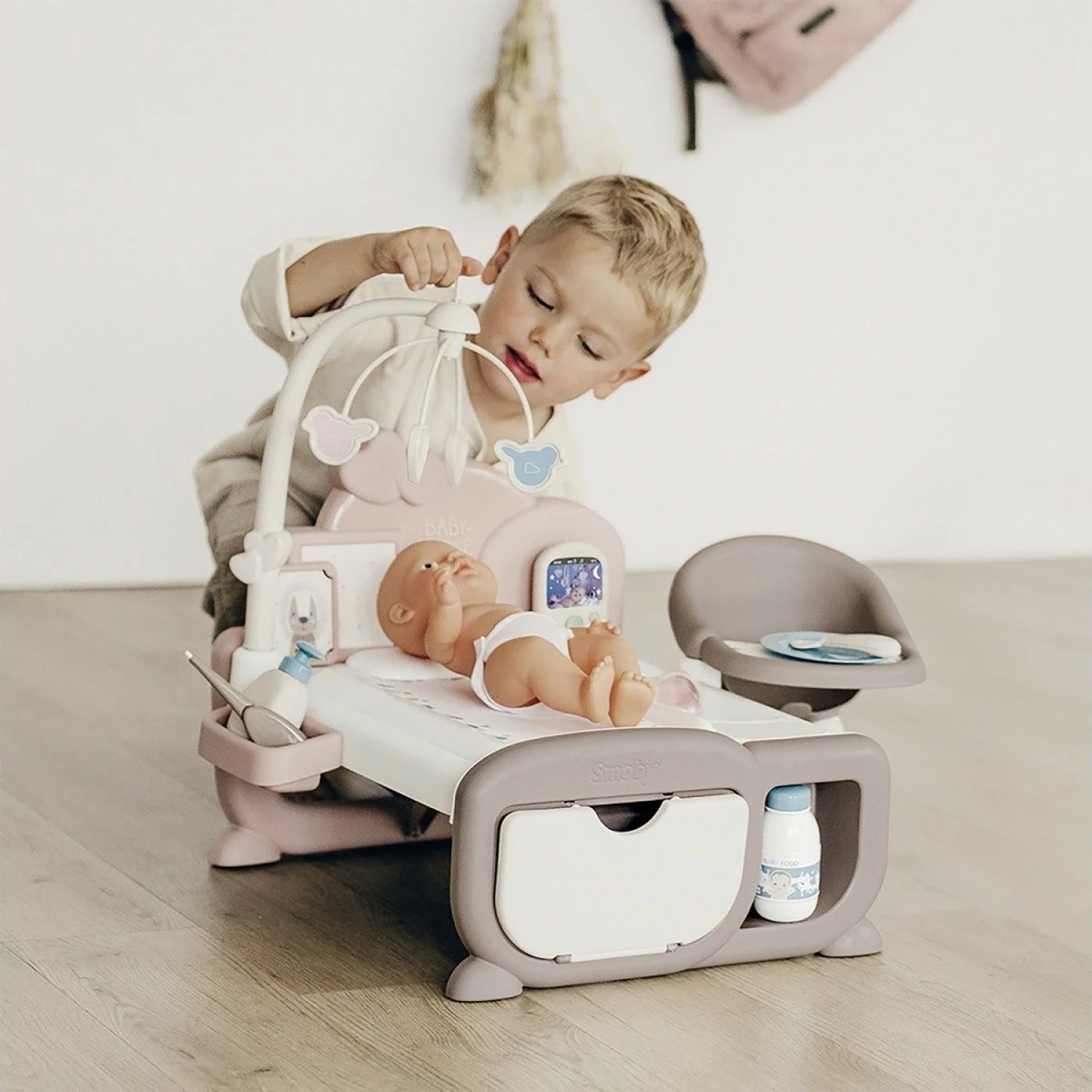 Kënd loje elektronik për kujdes bebe Smoby Baby Nurse, me aksesorë, Bezhe/Rozë/E bardhë