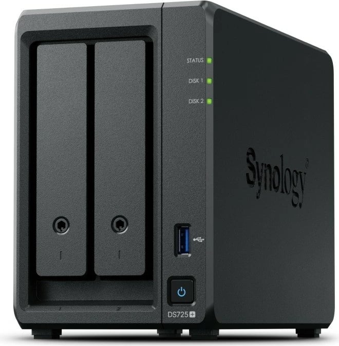 NAS Synology DS725+, 2x vend për disk, 4GB RAM DDR4, AMD R1600, 1x1GbE, 1x2.5GbE, i zi