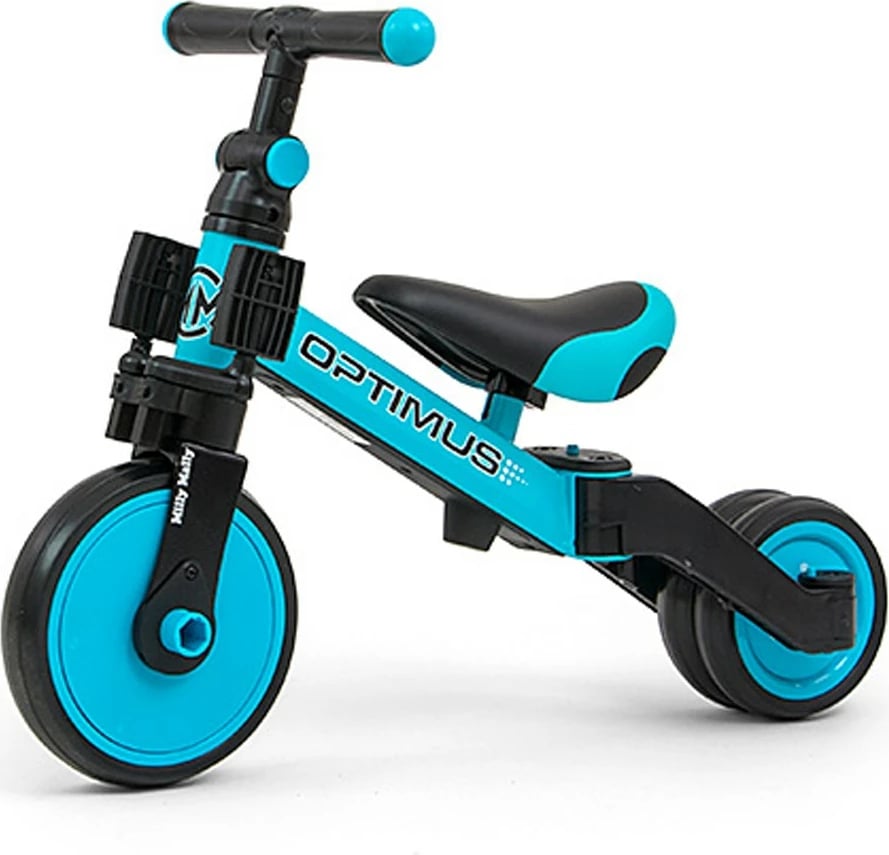 tricikel 3‑në‑1 fëmijë, Milly Mally Optimus, kornizë çeliku, rrota shkumë, sedilje e rregullueshme, deri 25 kg, blu