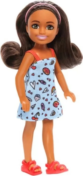 Kukull Barbie Chelsea Mattel DWJ33/HXM97, 15 cm, fustan kaltër, flokë kafe