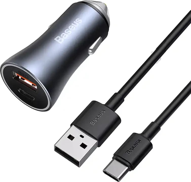 Karikues veture Baseus Golden Contactor Pro, 40W, USB + USB-C, QC4.0+, PD, SCP, gri + kabllo USB në USB-C 1m, i zi