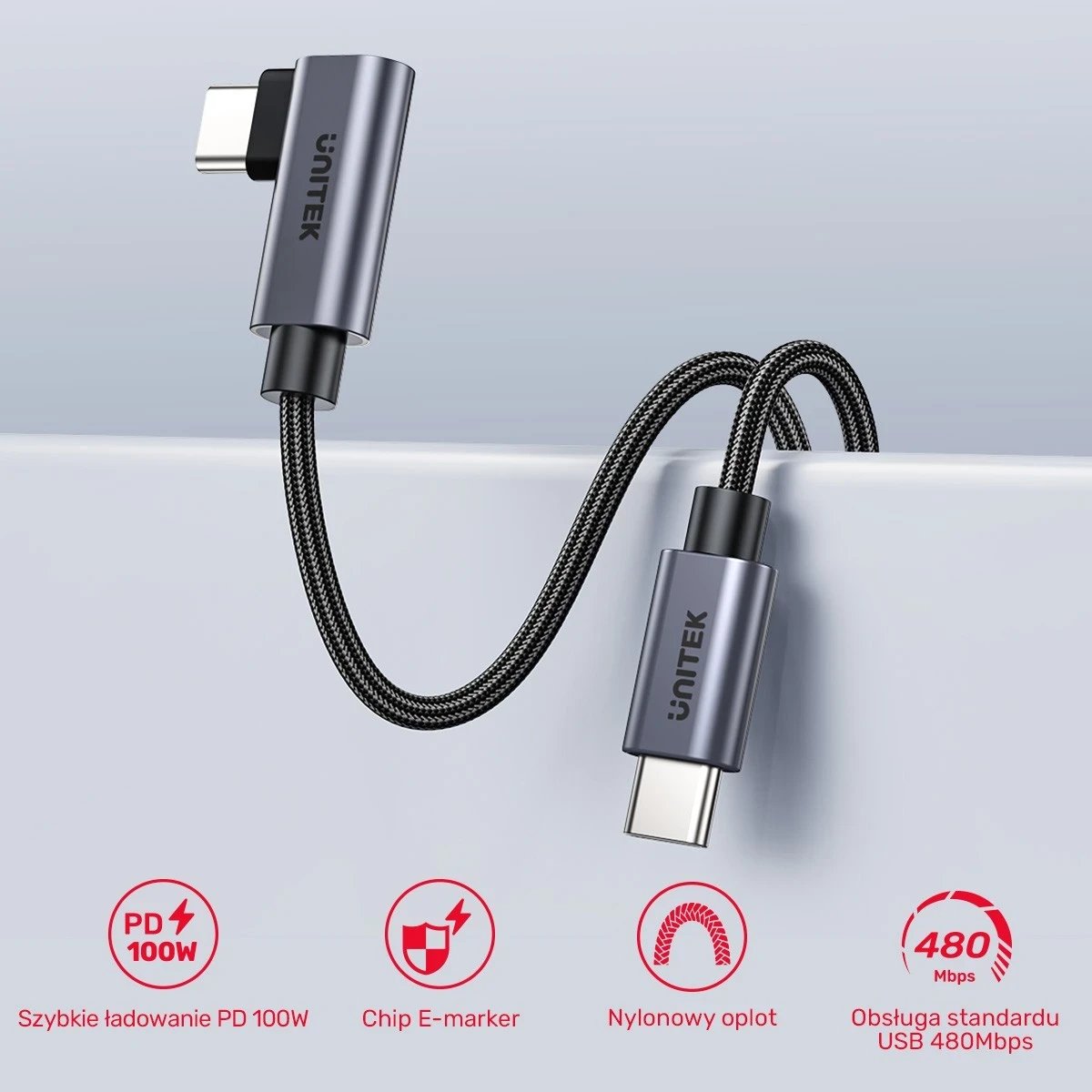 Kabllo Unitek USB-C me kënd 90° PD100W 0,5m, ngjyrë zi-hiri