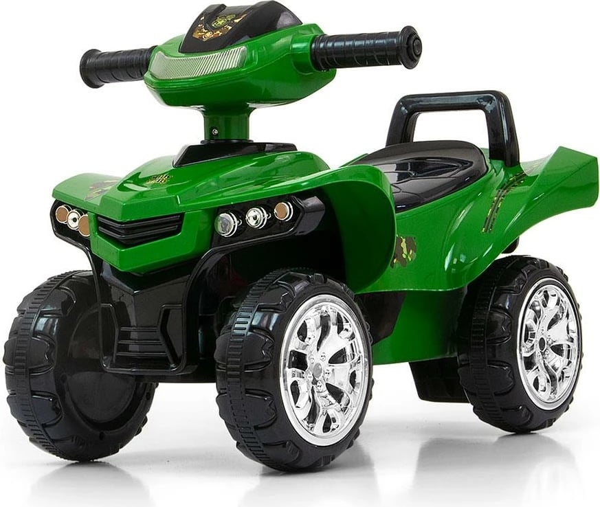 Katër-rrotësh lodër për fëmijë Milly Mally Monster Military me timon interaktiv dhe tinguj, nga 12m+, ngarkesë 25 kg, jeshile