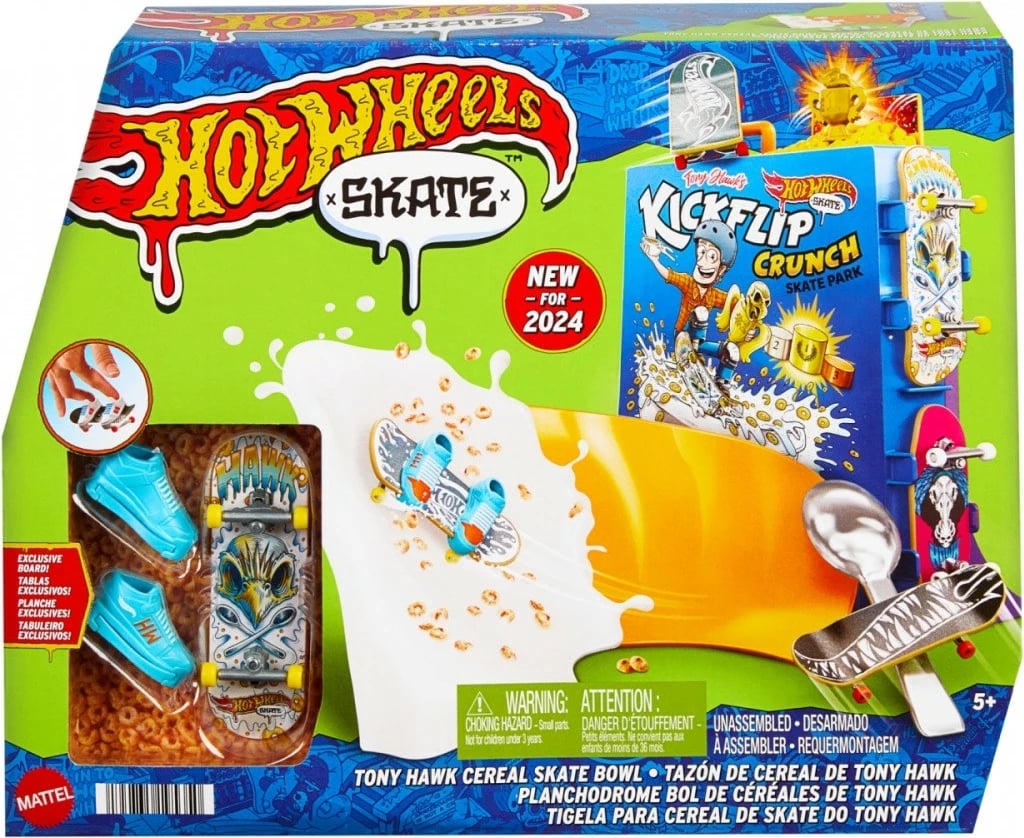 Set lodrash Hot Wheels Tony Hawk Skate Breakfast Ramp me finger skateboard dhe këpucë gishti, Multicolour