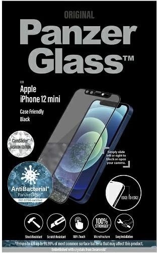Xham mbrojtës PanzerGlass për iPhone 12 mini, Microfracture, antibakterial, me mbulesë kamere Swarovski, kornizë e zezë