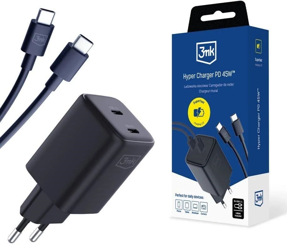 Karikues 3mk Hyper Charger PD 45W me kabllo USB-C në USB-C, i zi