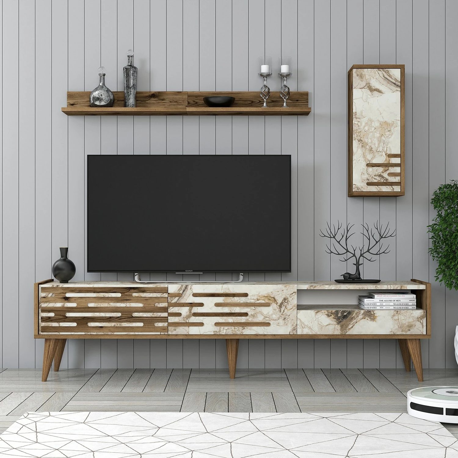 Njësi TV, ngjyrë arre, e bardhë, mermer, Valensiya, Skye Decor