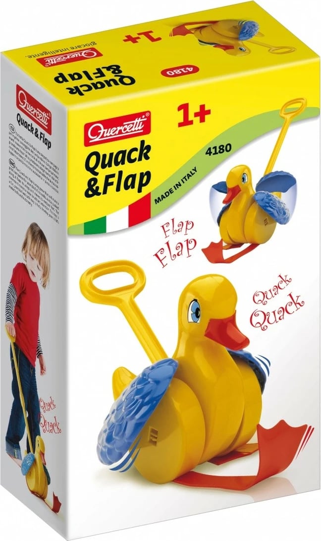 Lodër shtytëse Quercetti Duck Flap, për fëmijë, Blu/Kuqe/Verdhë