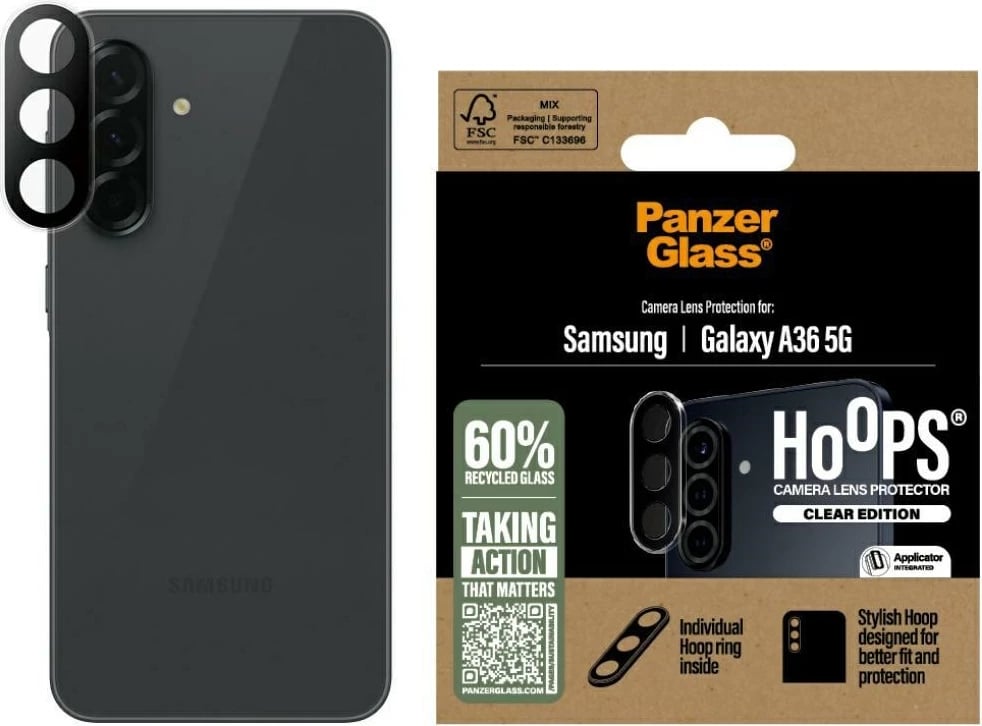 Mbrojtës kamere PanzerGlass Hoops për Samsung Galaxy A36 5G, xham i temperuar, Transparent