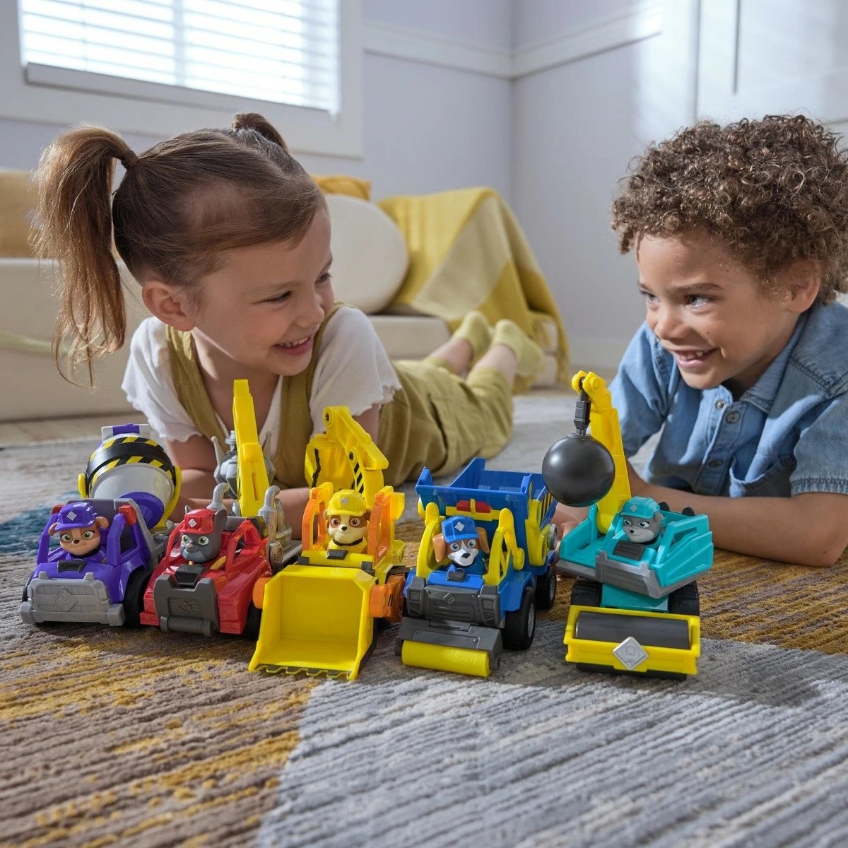 automjet lodër, Rubble & Crew Spin Master, 6069659, kamion me sferë shkatërrimi dhe rul rruge, blu e verdhë