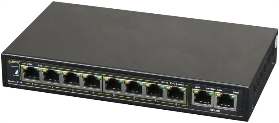 Switch rrjeti PULSAR S108, 10 porta Fast Ethernet, 8x PoE+, i zi