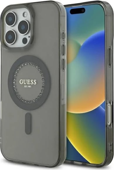 Mbështjellës Guess IML Rhinestones MagSafe për iPhone 16 Pro, Zi