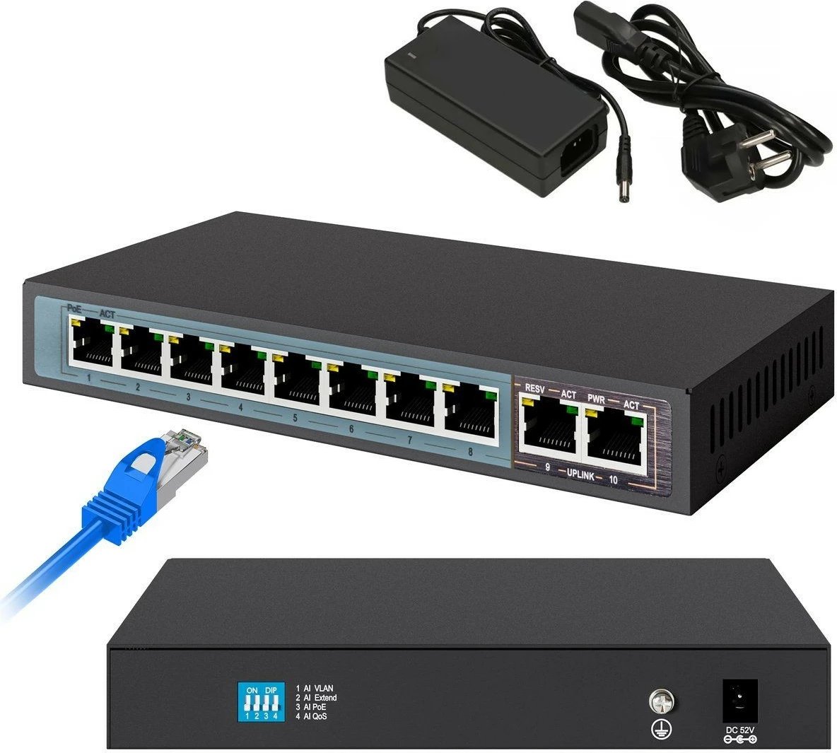 Switch Extralink Perses 8X EX-SG1008PE, 10 porta, PoE, Full Gigabit, Desktop, i zi