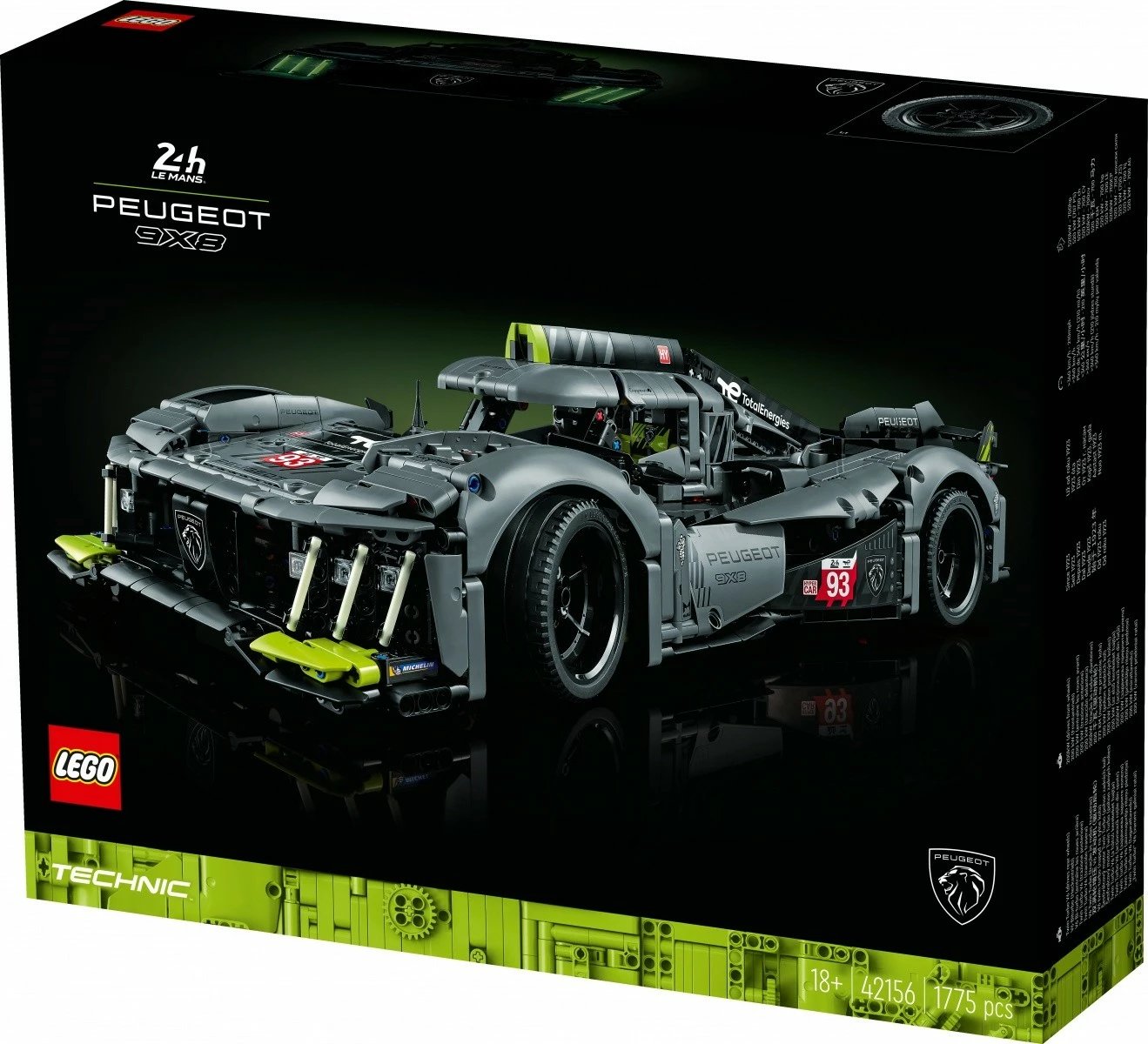 Set ndërtimi LEGO Technic PEUGEOT 9X8 24H Le Mans Hybrid Hypercar 42156, 1775 pjesë, për të rritur, Gri