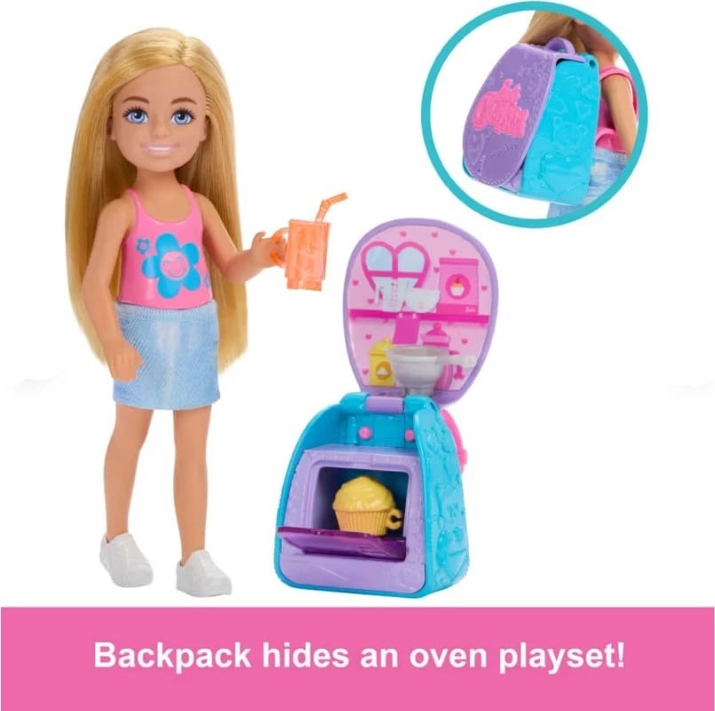 Lodër Barbie Chelsea me çantë shpine dhe aksesorë pjekjeje, Mattel JBL46, për vajza