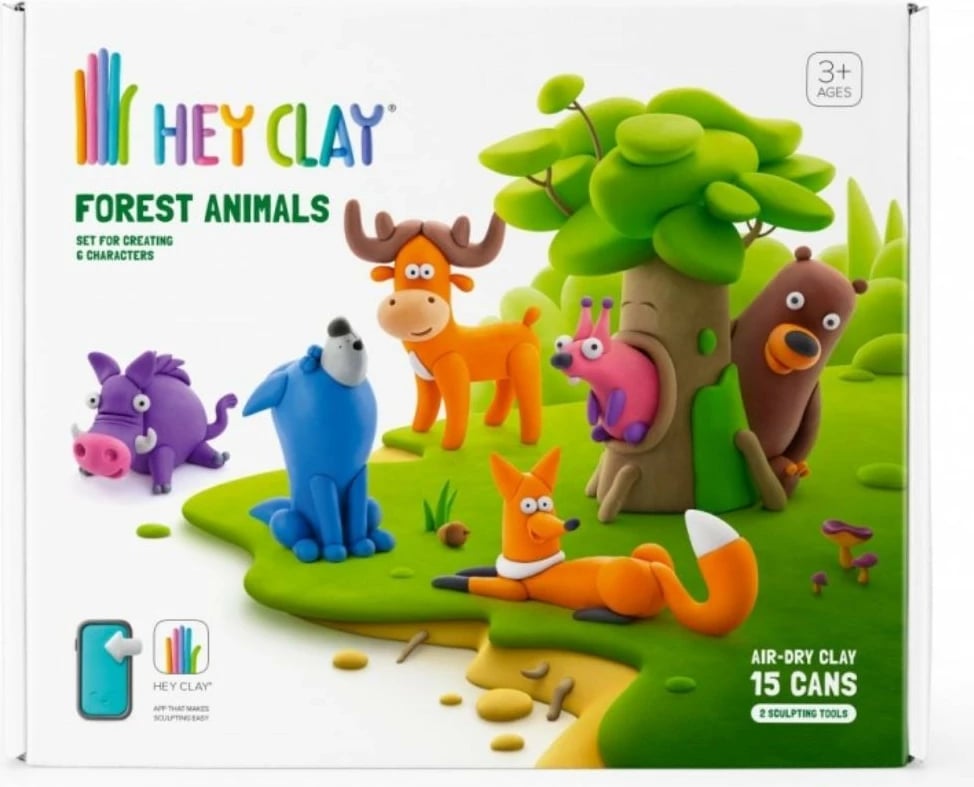 Set modelimi Hey Clay Forest Animals, Tm Toys, 15 kanaçe, me 2 vegla, shumëngjyrëshe