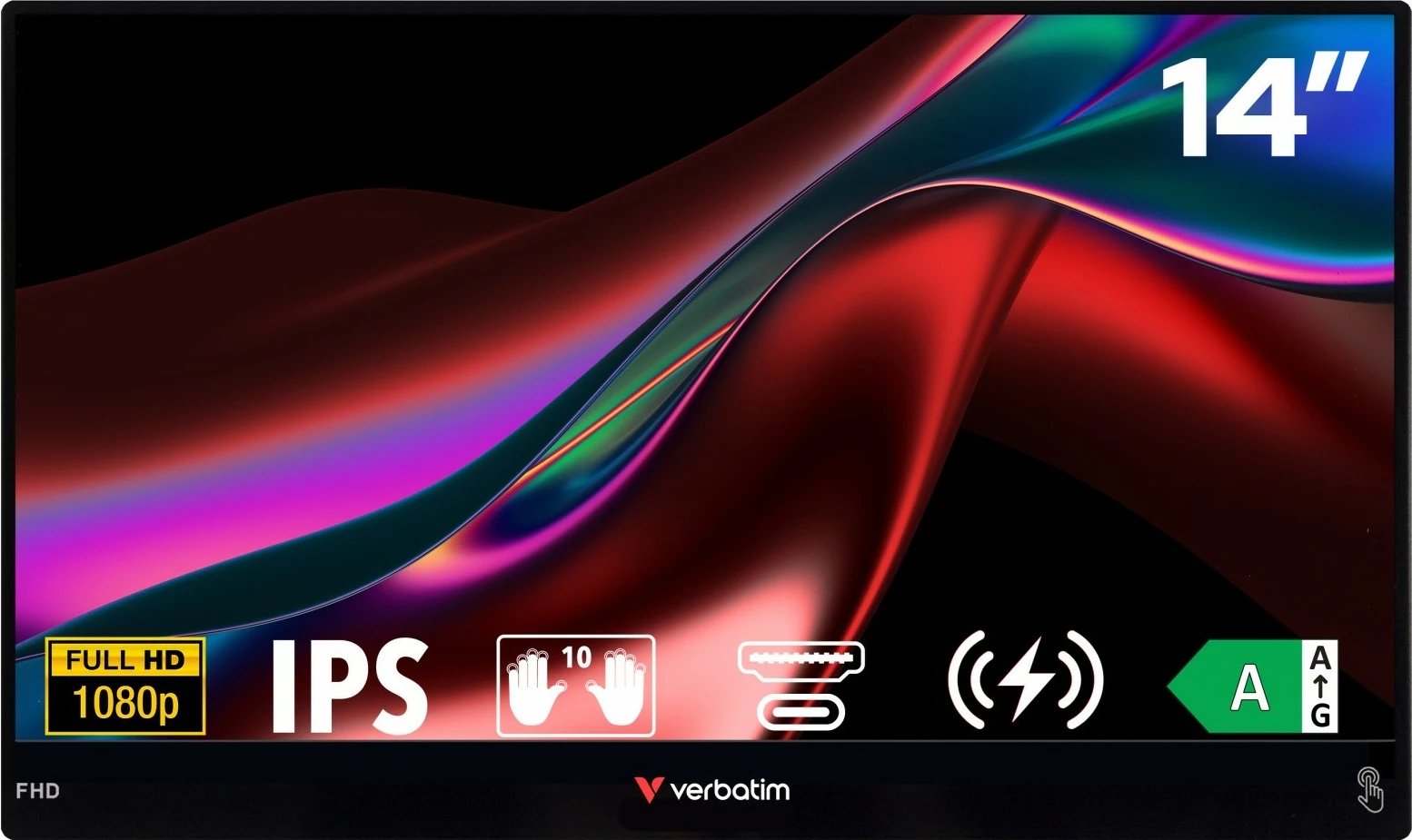 Monitor portabël me prekje, Verbatim, GMVE32088PLG Light 14-inch FHD IPS 60Hz, 10-point touch, 2x USB-C + HDMI, altoparlantë të integruar, me power bank 5000mAh, i zi