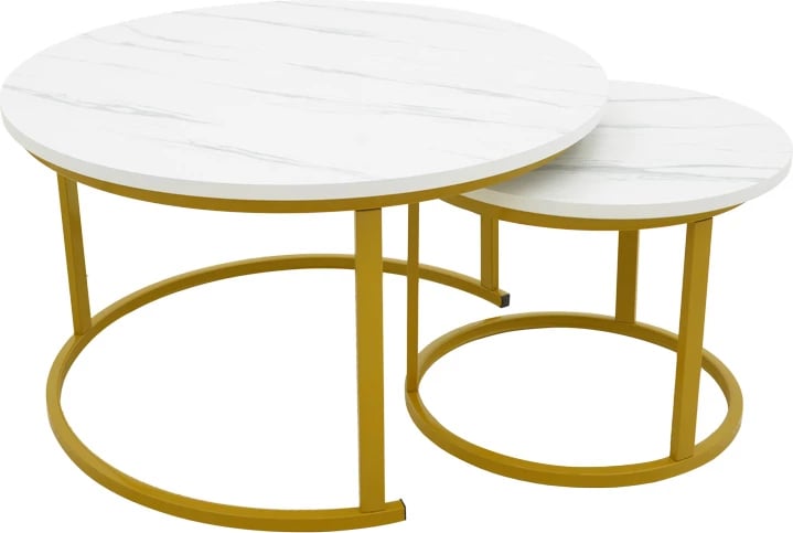 Set tavolinash kafeje Relevon, pamje mermeri të bardhë, këmbë të arta, 80x80x45cm