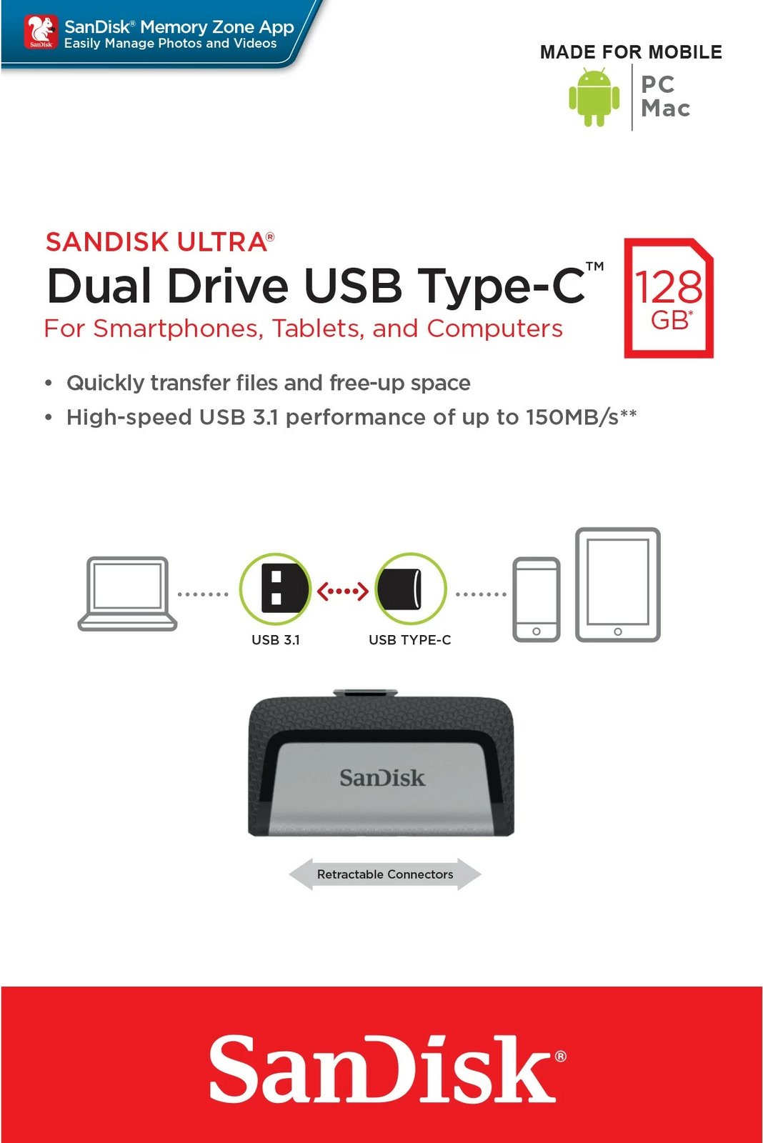 USB SanDisk Ultra Dual Drive, 128 GB, USB Type-A / USB Type-C, 3.2 Gen 1, E zezë, Argjend