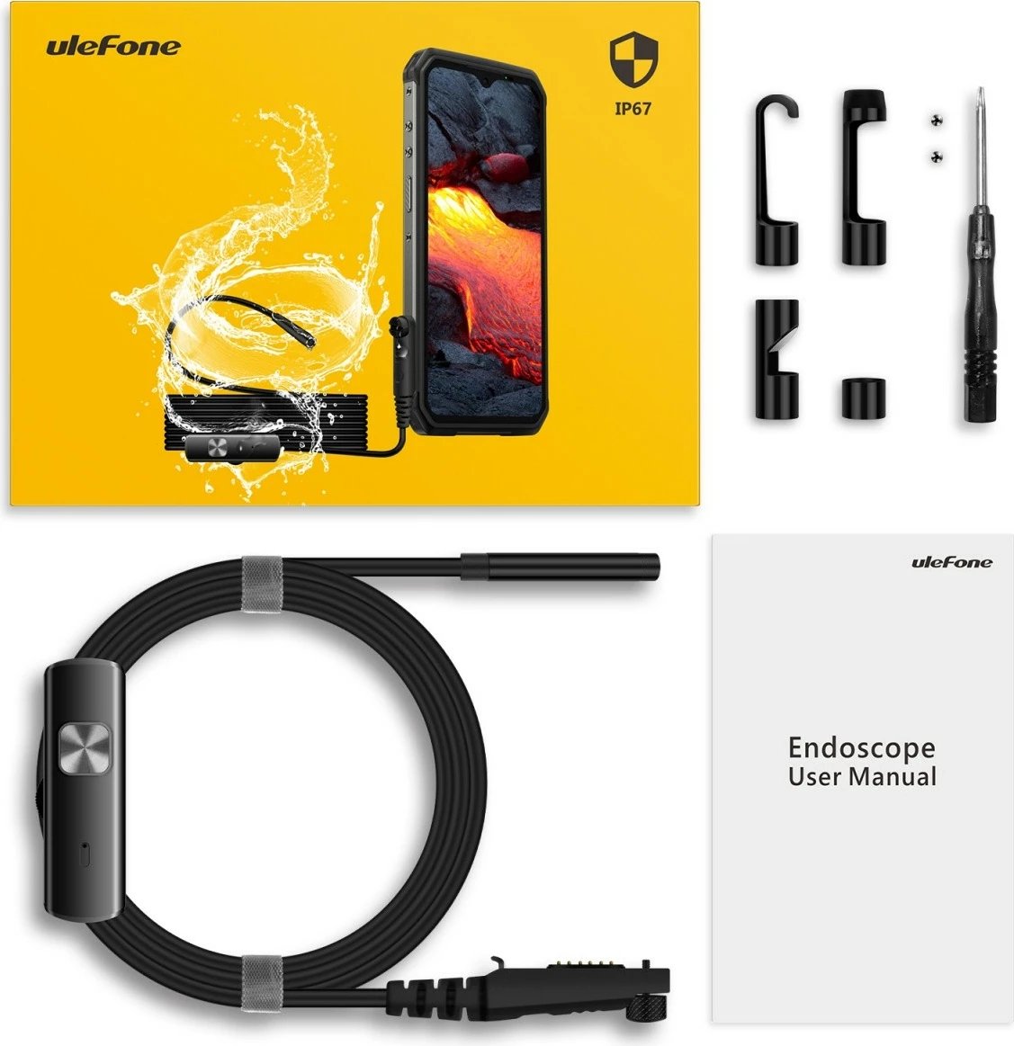 Kamerë endoskopike Ulefone UF-EC me kabllo të përforcuar 2m, IP67, e zezë, me aksesorë