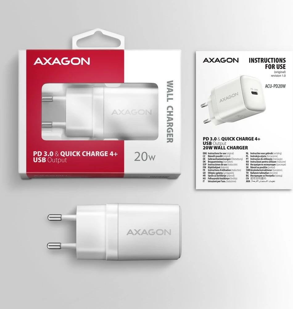 Karikues muri AXAGON ACU-PD20W, PD 20W, 1x USB-C, PD 3.0/QC4+/QC3.0/AFC/FCP/PPS, i shpejtë për smartphone e tablet, White