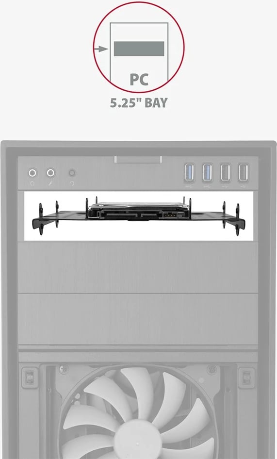 Kasë AXAGON RHD-435 për montim 4x 2.5" ose 2x 2.5" + 1x 3.5" HDD/SSD, për hapësirë 5.25", e zezë