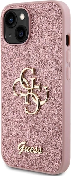 Mbështjellës Guess Glitter Script Big 4G për iPhone 15, Rozë