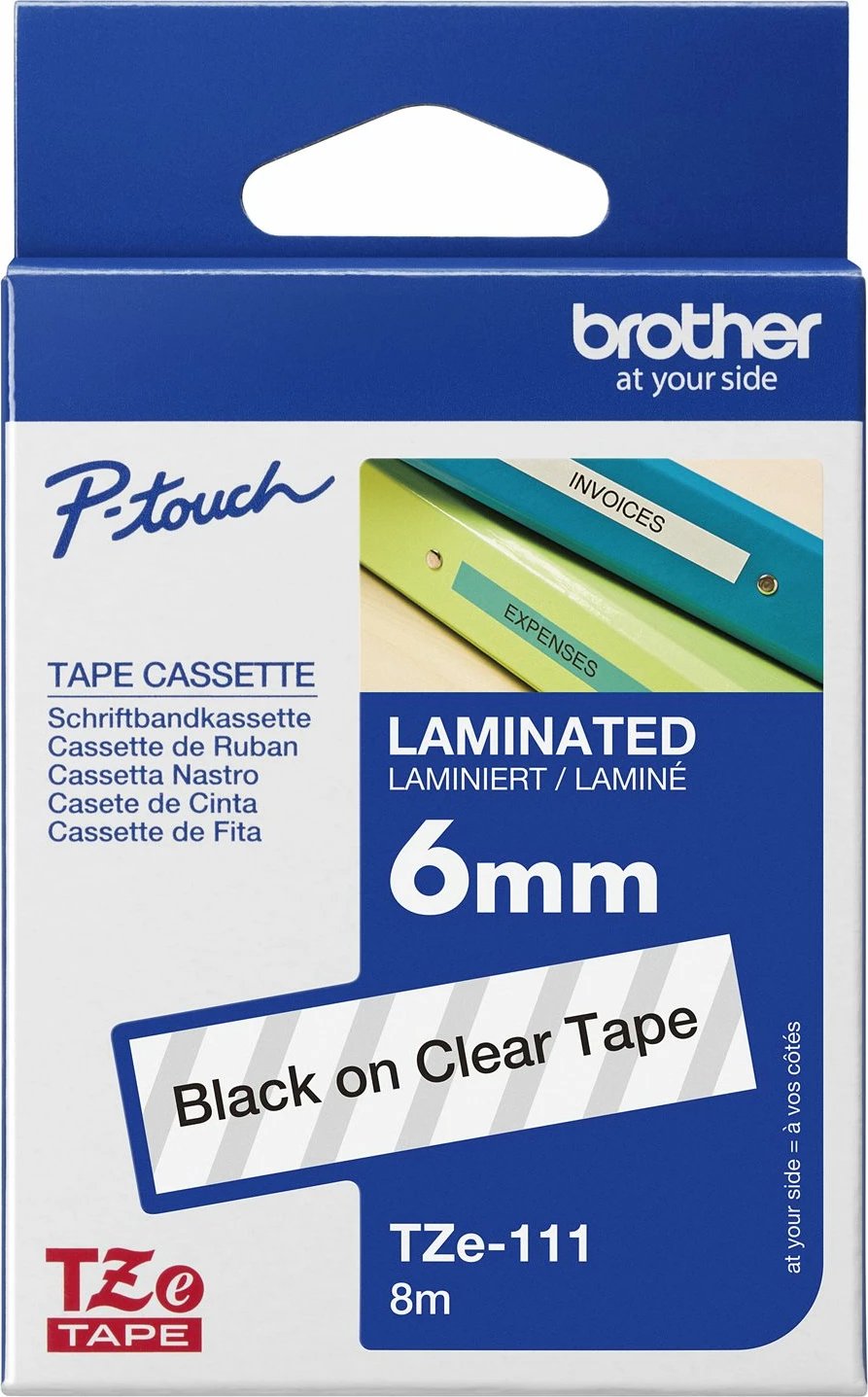 Kasetë etiketuese Brother TZe-111, 6mm, tekst i zi në sfond transparent, 8m