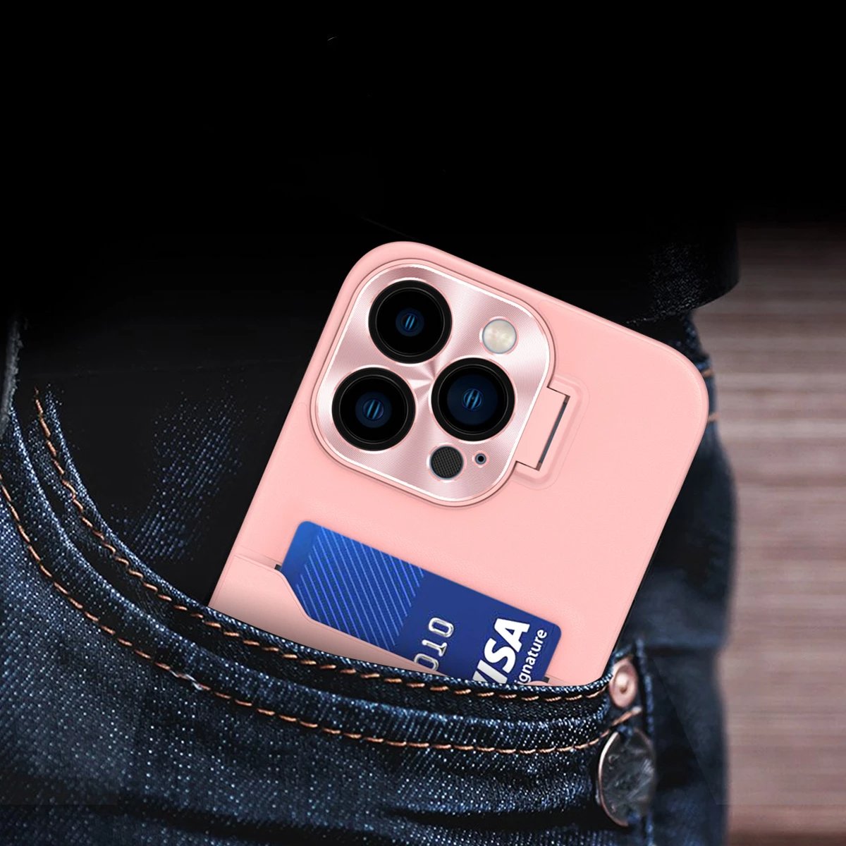 Mbështjellës Hurtel Leather Stand Case për iPhone 14 Plus, me xhep për kartela, rozë
