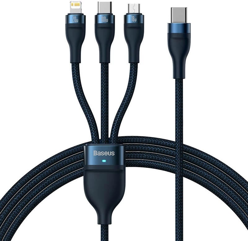 Kabllo 3-në-1 Baseus Flash Series 2, 1.5m, 100W, USB-C + micro USB + Lightning, blu
