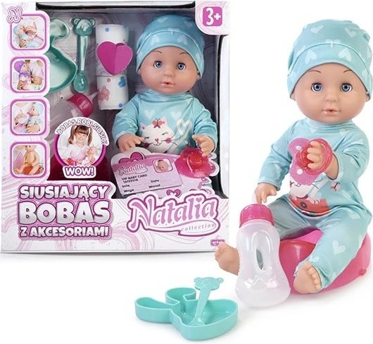Kukull bebe me funksion urinimi Artyk Natalia 121869, 30 cm, me pizhamë të kaltër, set aksesorësh