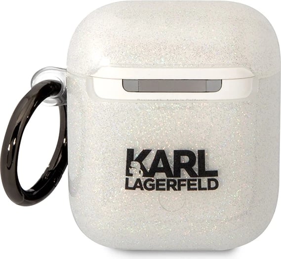 Mbështjellës Karl Lagerfeld KLA2HNKCTGT për AirPods 1/2, transparent, glitter me unazë