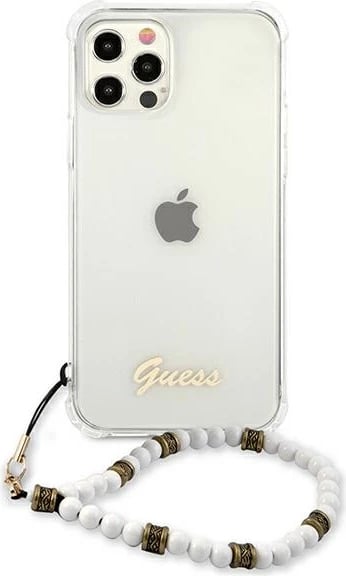 Mbështjellës Guess GUHCP12MKPSWH për iPhone 12/12 Pro 6.1", transparent me varëse perlë
