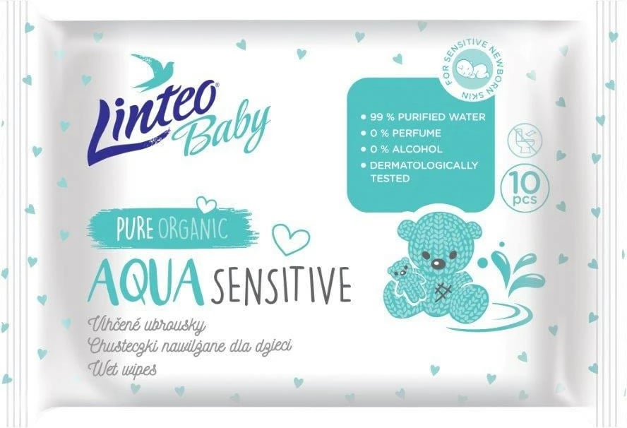 Peceta të lagura bebe, Linteo, AQUA SENSITIVE, pa parfum e pa alkool, 99% ujë i pastruar, 10 copë