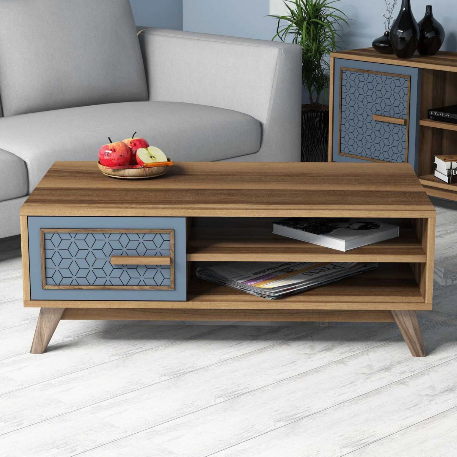 Tavolinë kafeje melamine, ngjyrë arre, me derë kabineti blu, FH9497.02, 105x60x38,2H cm